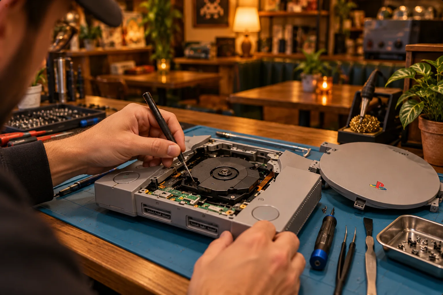 Hands carefully inspecting the optical drive of a grey original PlayStation