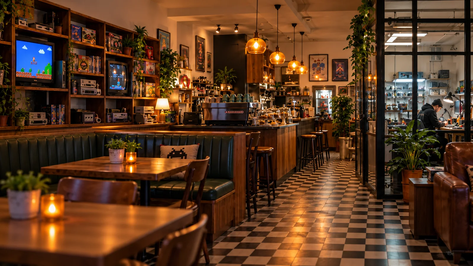 Warm wood-lined retro gaming café with CRT consoles, amber lights and a separate repair bench